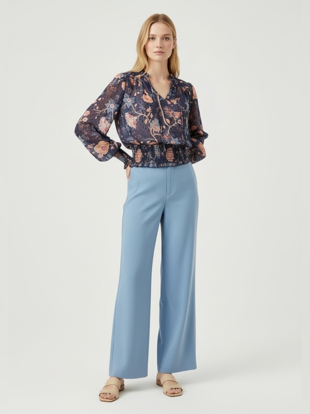 Rachel Zoe Navy Floral V-Neck Smocked Waist Blouse